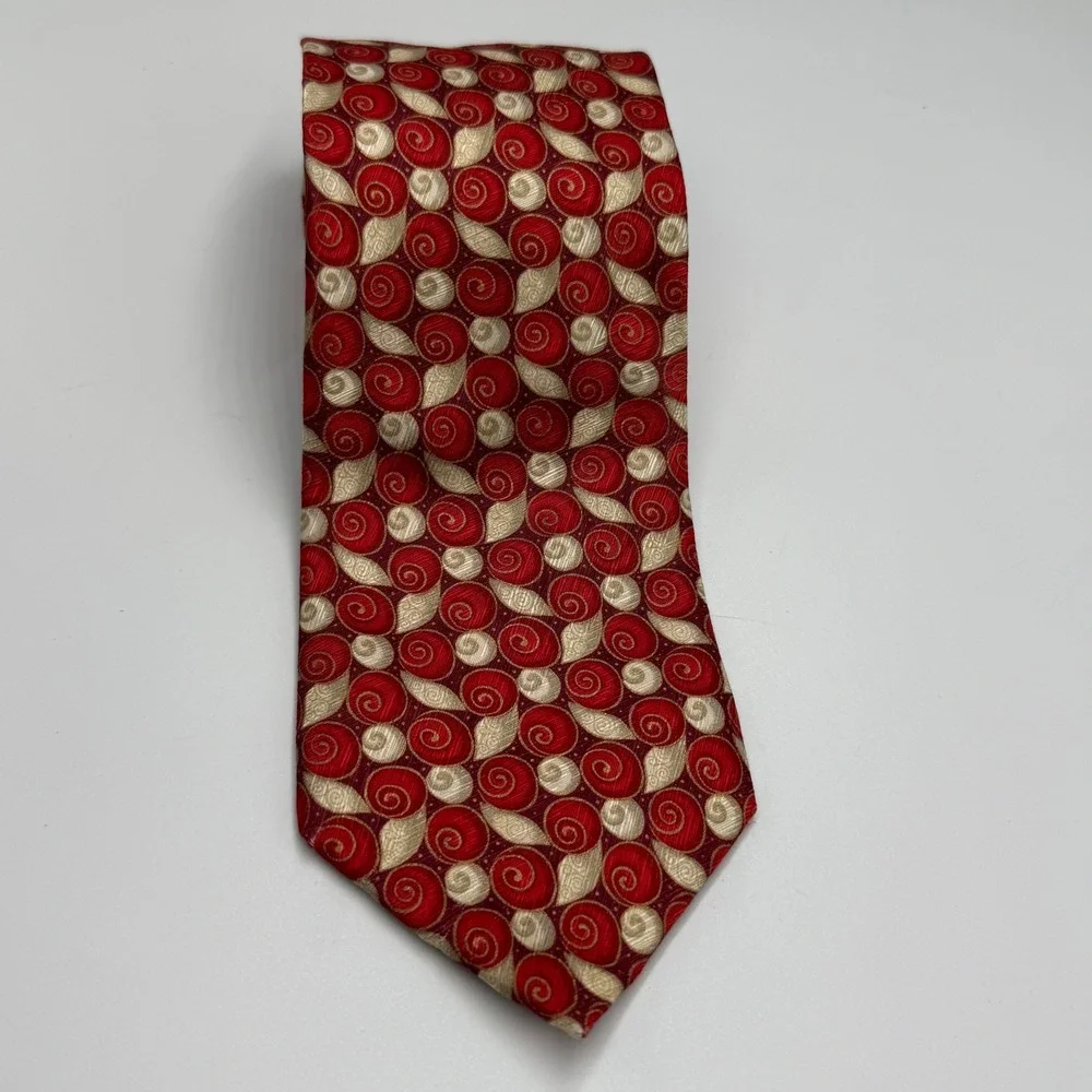 Vintage Ermenegildo Zegna Silk Tie Red Gold Geometric Swirl Spiral Pattern Italy